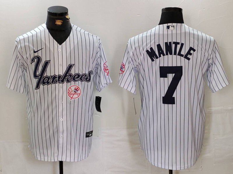Men New York Yankees #7 Mantle White stripe Three generations of joint names Nike 2024 MLB Jersey style 3